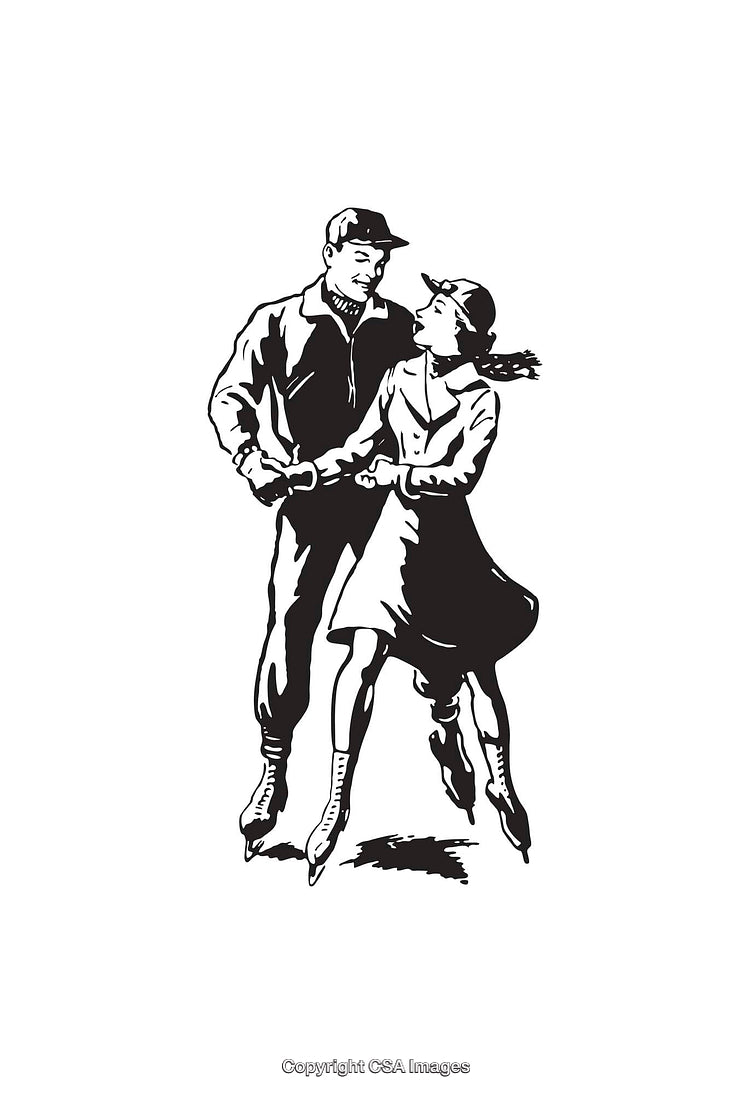 Vintage Black And White Ice Skating Illustration Of a Couple