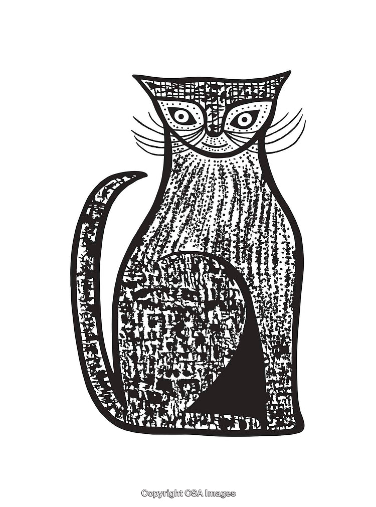 Stylized Black And White Cat Illustration in Line Art Style
