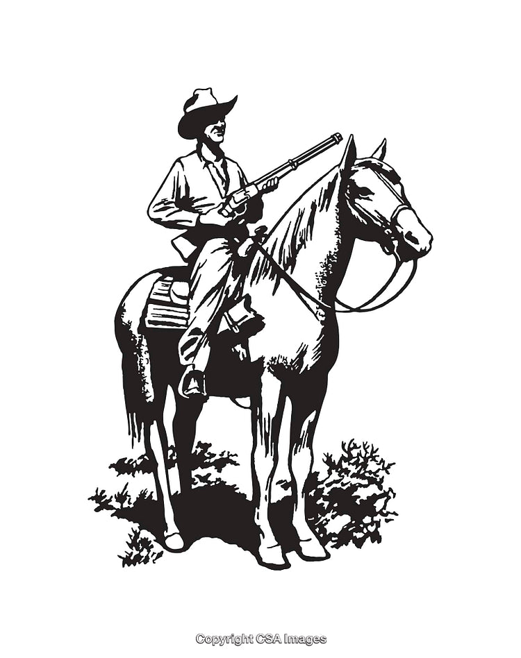 Black and White Illustration of a Cowboy on Horseback Holding a Rifle
