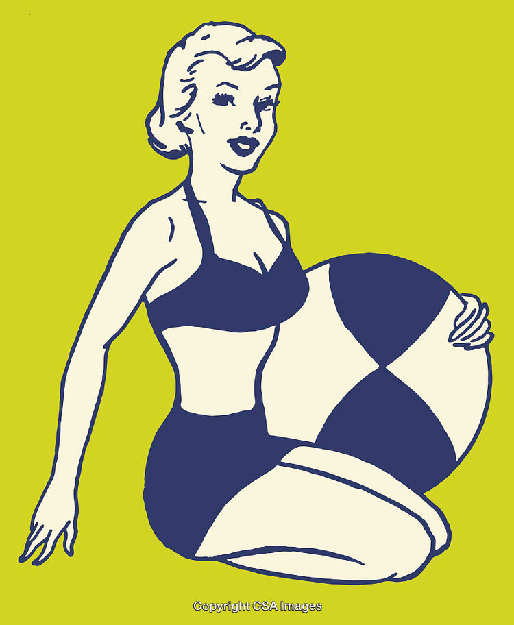 Retro Styled Woman Holding Beach Ball In Vibrant Line Art Illustration