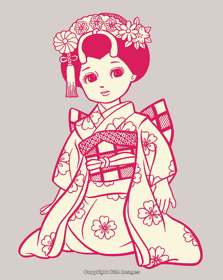 Traditional Japanese Doll in Kimono with Floral Hair Ornament Illustration