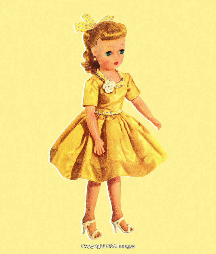 Vintage Styled Doll in Yellow Dress on Soft Yellow Background