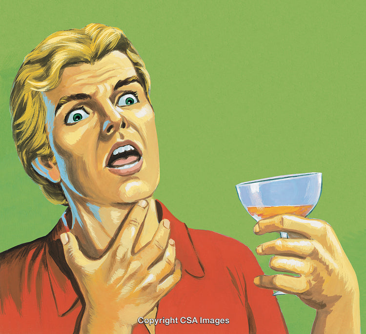 Worried Woman with Glass of Drink Against Vibrant Green Background