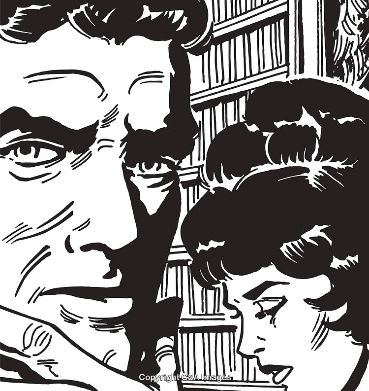 Retro Comic Style Illustration of Two Characters in Dramatic Interaction