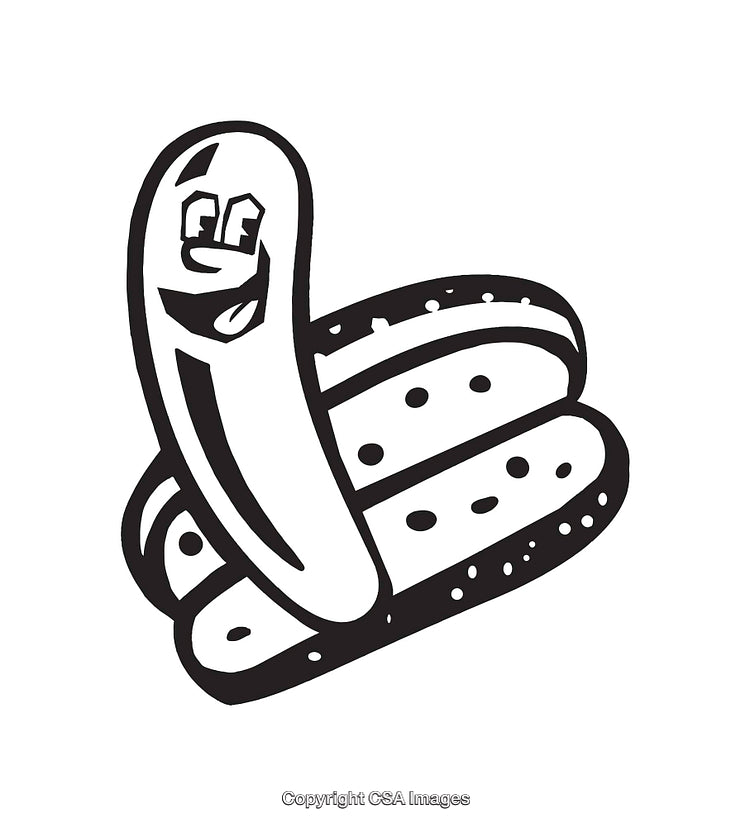 Smiling Hot Dog Cartoon Illustration in Black and White Line Art Style