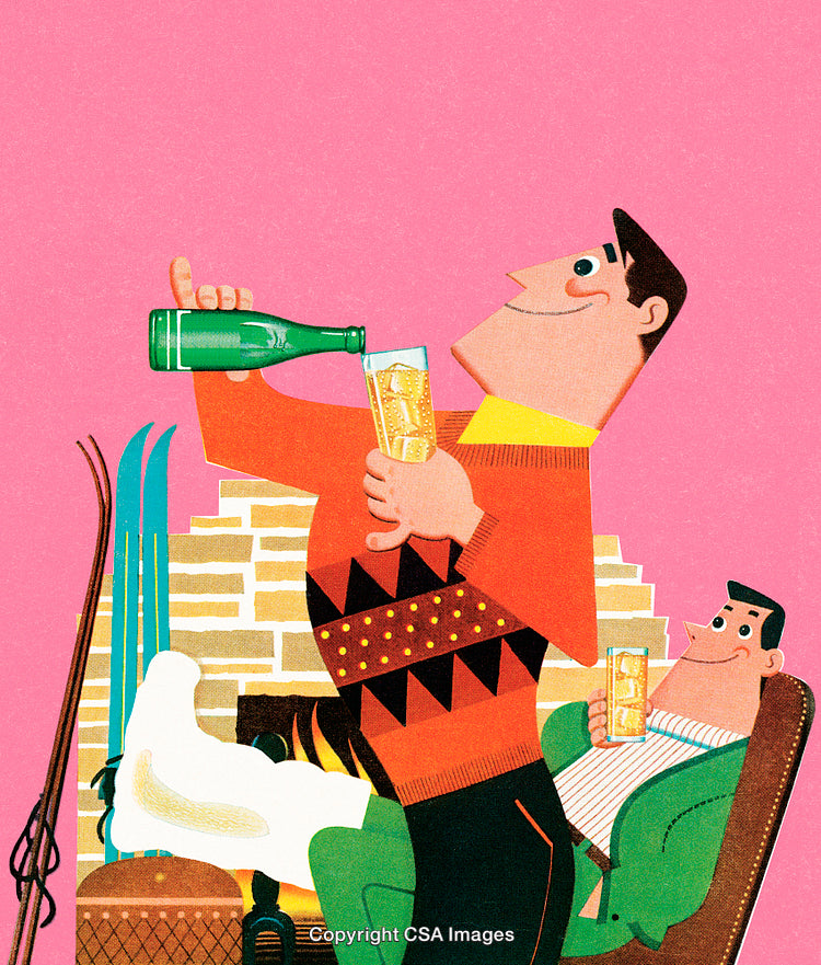 Retro Illustration of Friends Enjoying Drinks by the Fireplace