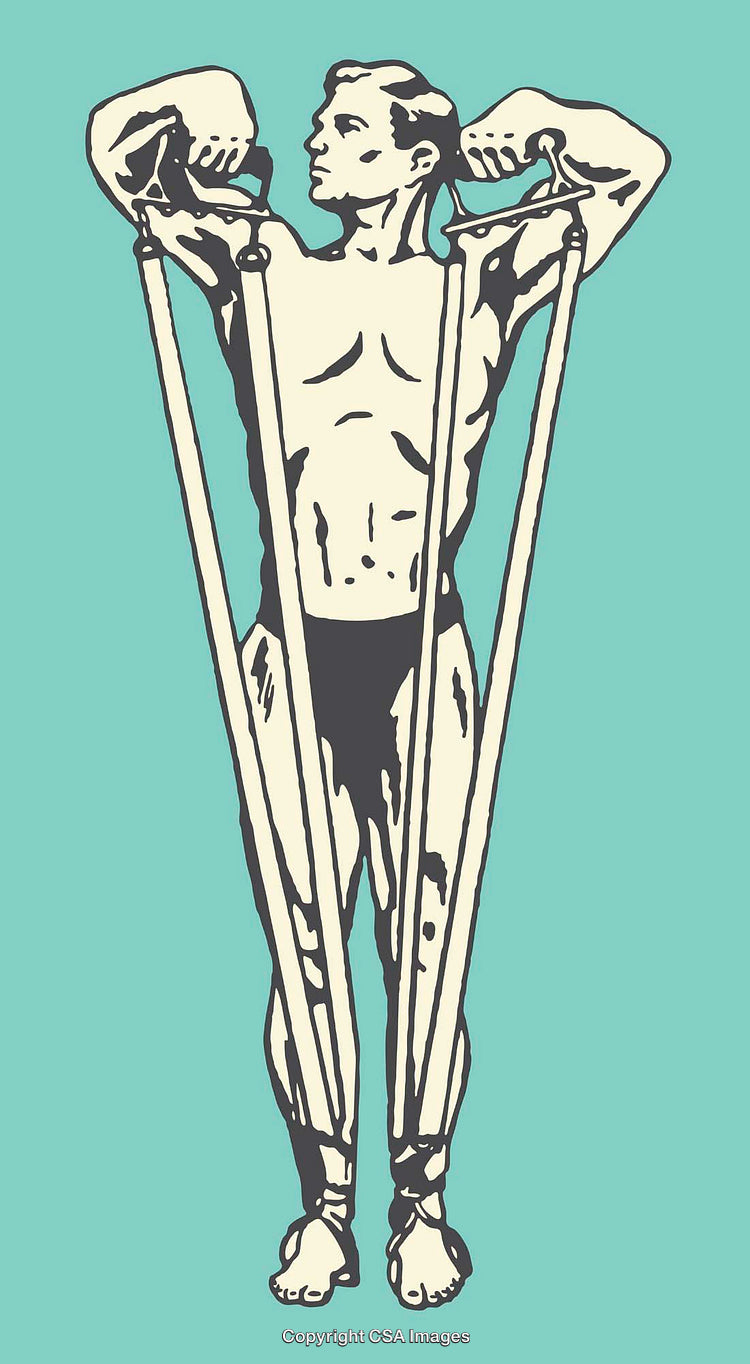 Man Exercising Using Resistance Bands in Vintage Line Art Style