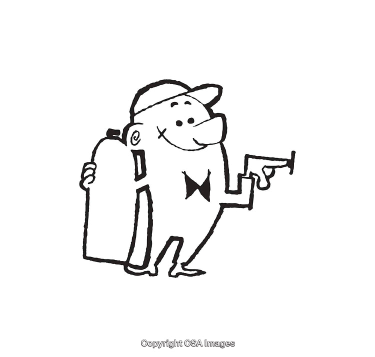 Black and White Line Art Illustration of a Cartoon Character with Tank