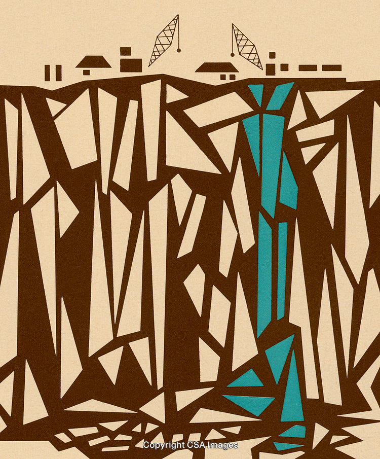 Abstract Geometric Illustration Depicting Earth Layers with Structures and Waterfall