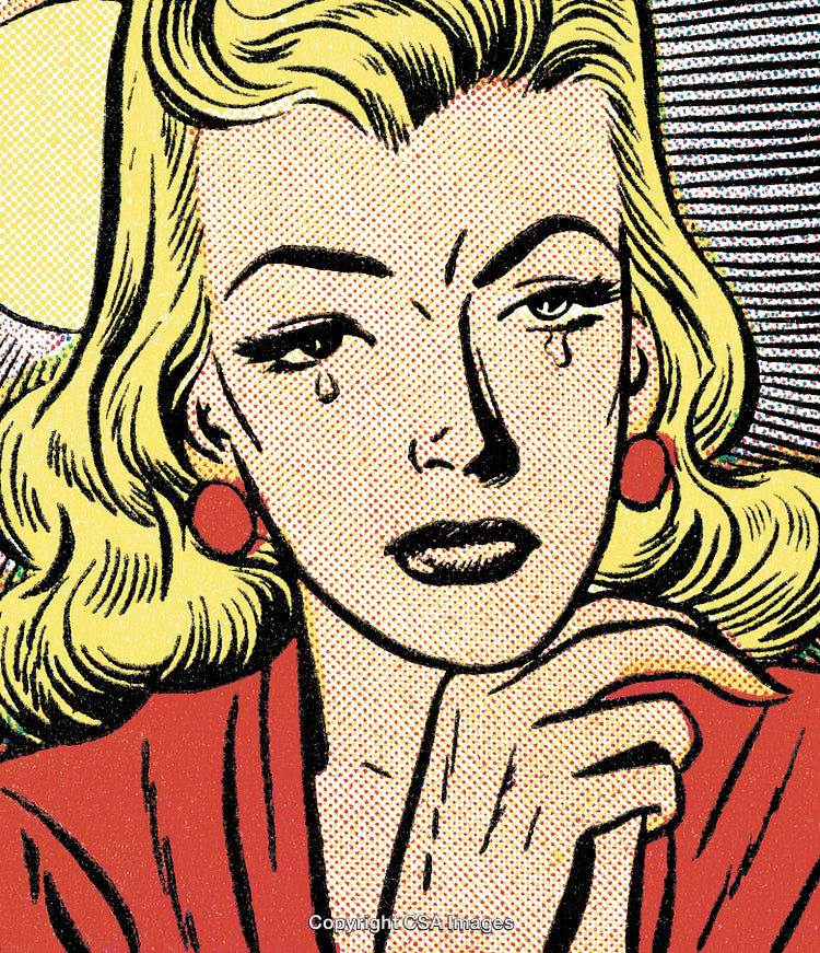 Colorful Comic-Style Illustration of a Sad Woman with Retro Appeal