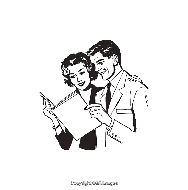 Retro Style Illustration of Couple Reading a Document Together