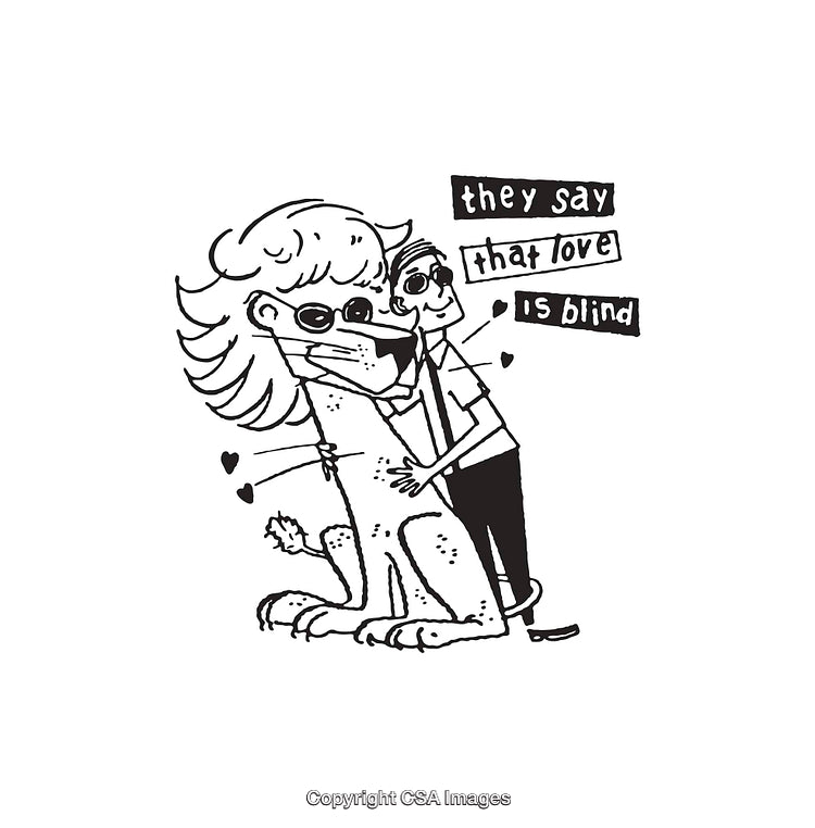 Humorous Black and White Illustration of Love Is Blind Concept
