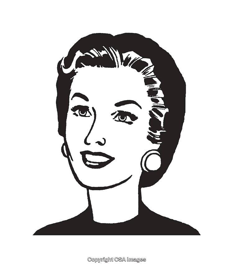 Retro Black And White Line Art Illustration of a Smiling Woman