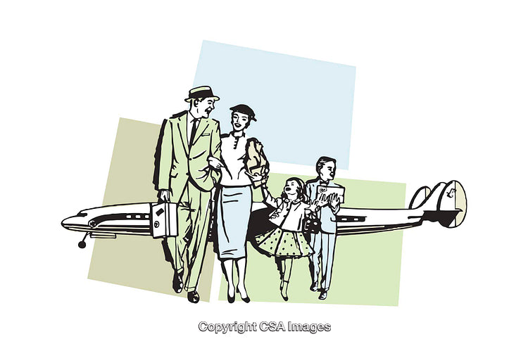 Retro Illustration of a Family Traveling Together by Airplane