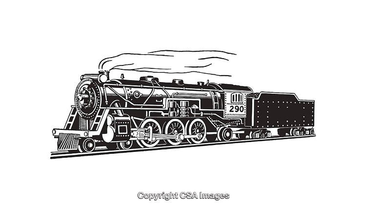 Vintage Steam Locomotive Black and White Line Art Illustration