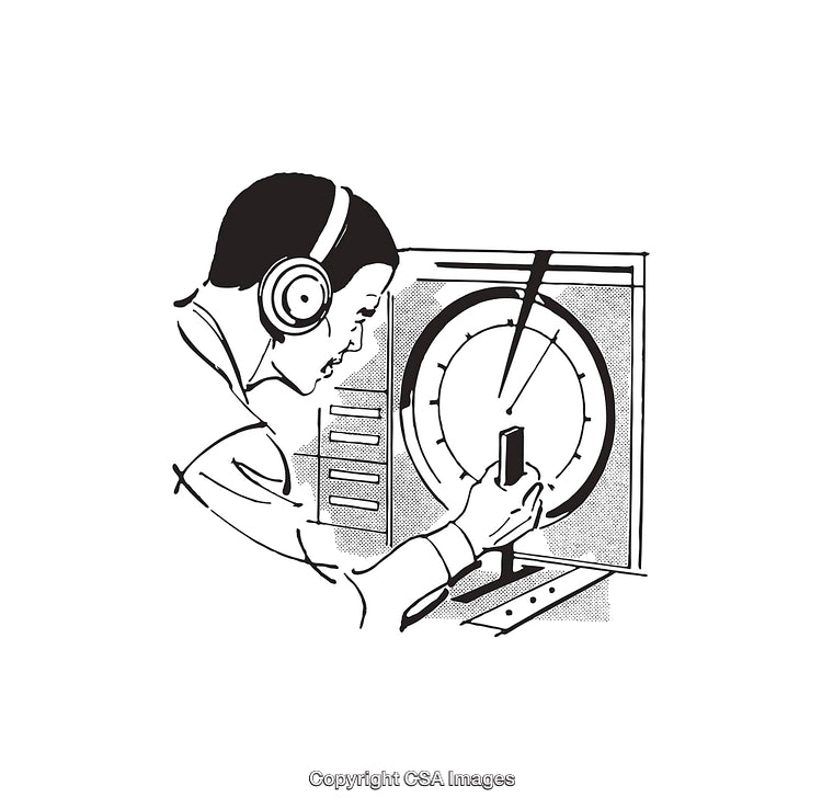 Black and White Illustration of Man Monitoring Radar System