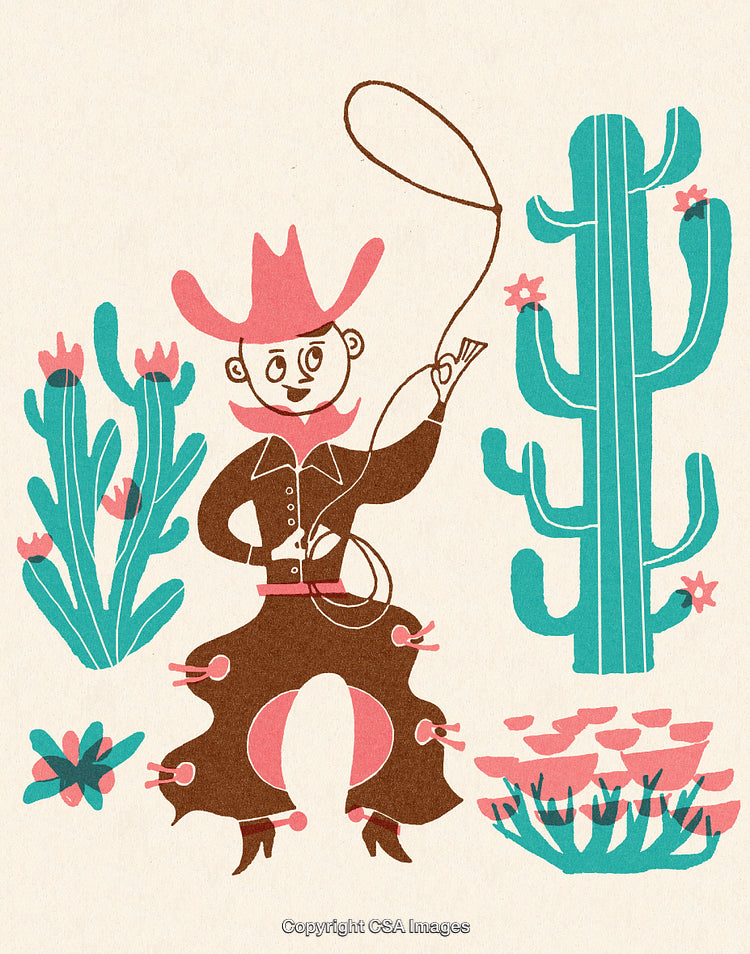 Colorful Illustration of Cowboy With Lasso Surrounded by Desert Plants