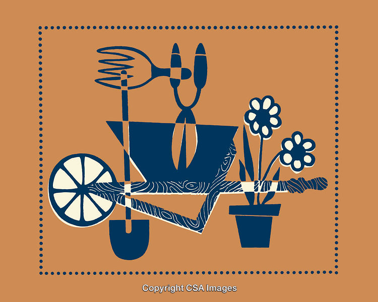 Stylized Blue Gardening Tools and Flowers on Solid Brown Background