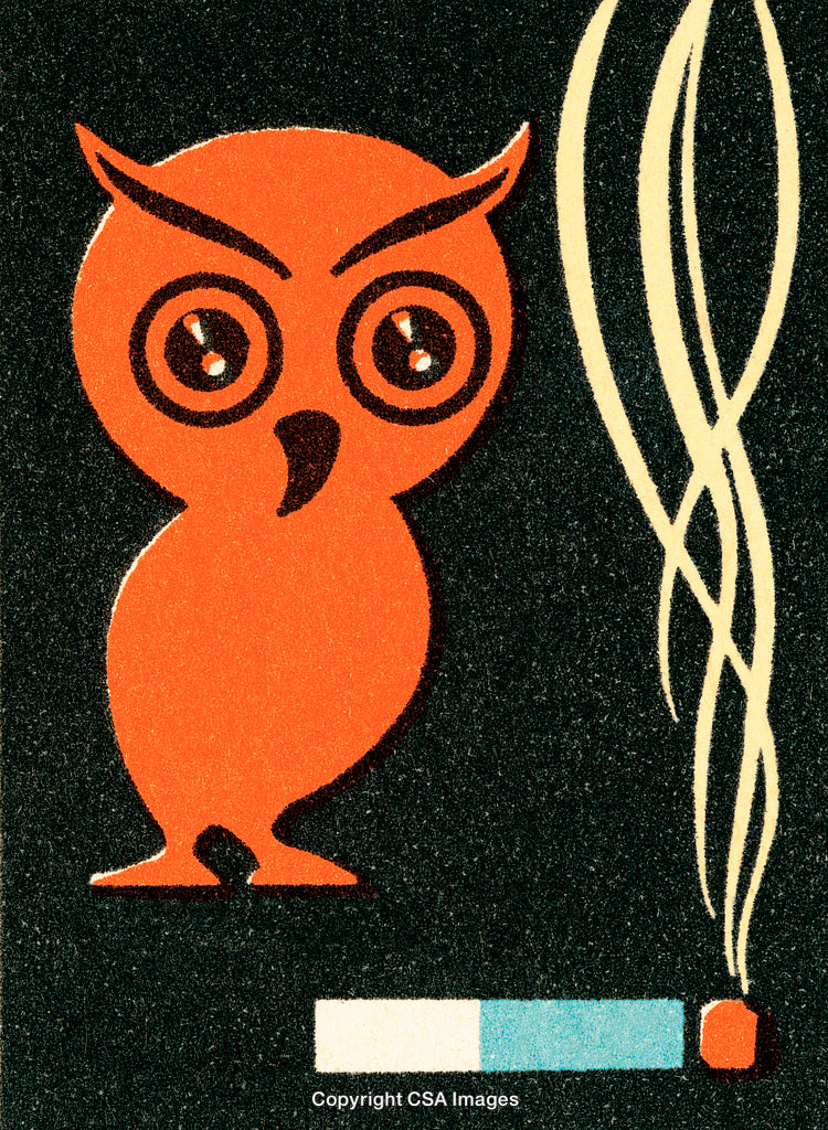 Stylized Red Owl Illustration with a Lit Cigarette on Dark Background