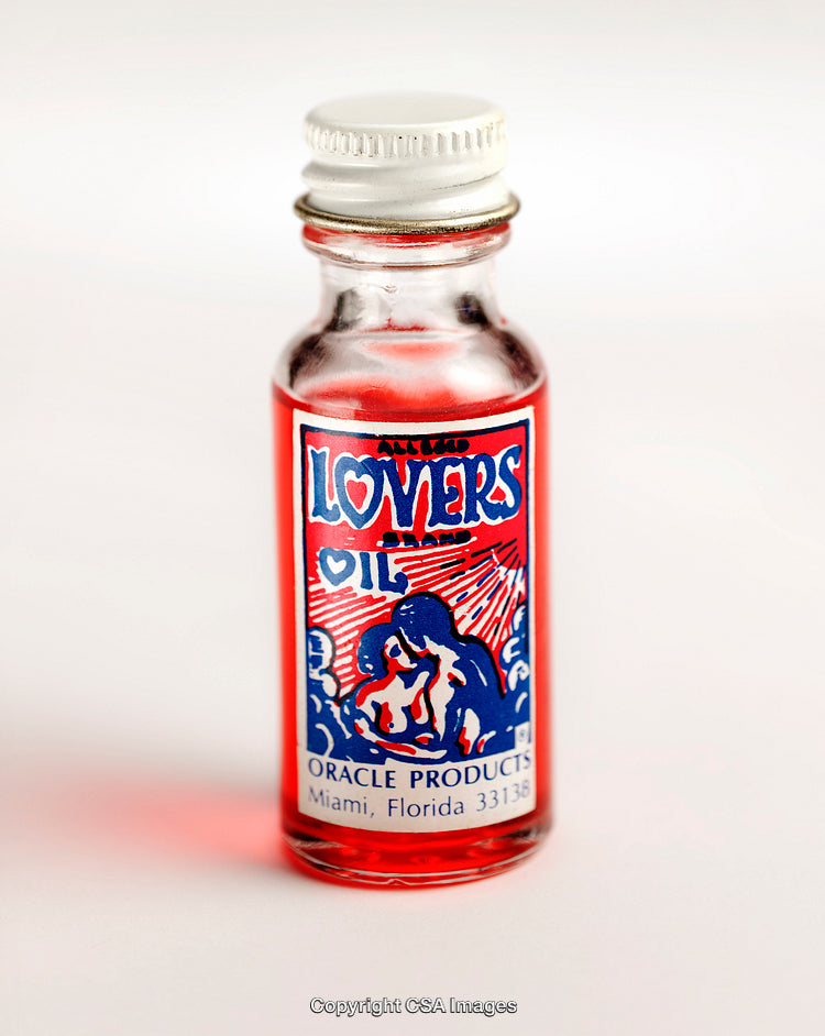 Vintage Styled Glass Bottle Labeled Lovers Oil with Artwork