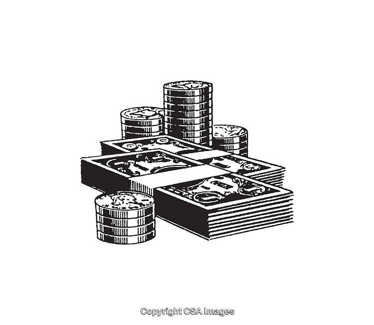 Detailed Line Art Illustration of Cash Stacks and Coins in Black and White