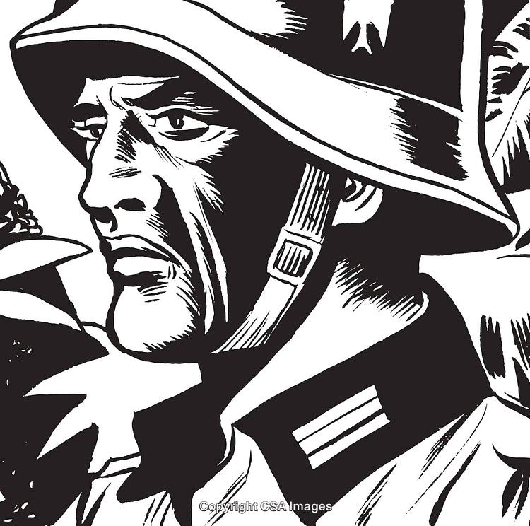 Detailed Black and White Drawing of a Soldier in a Helmet