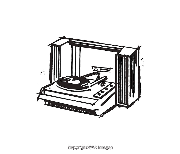 Black and White Line Art of a Retro Turntable Music Player