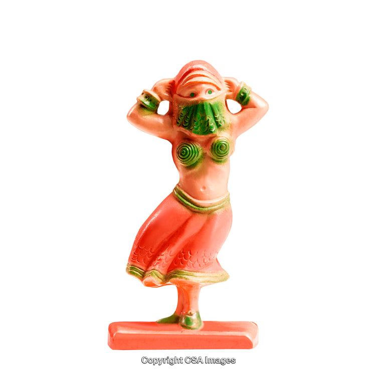 Colorful Plastic Figurine of a Traditional Dancer in Vibrant Green and Red