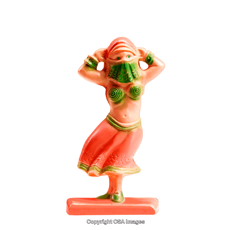 Colorful Plastic Figurine of a Traditional Dancer in Vibrant Green and Red