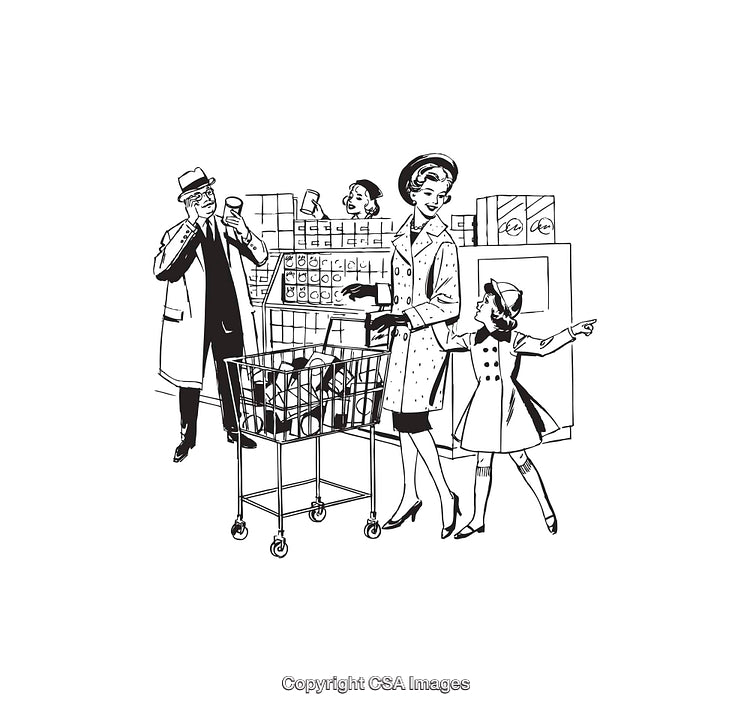 Retro Line Art Illustration of a Family Shopping in a Supermarket