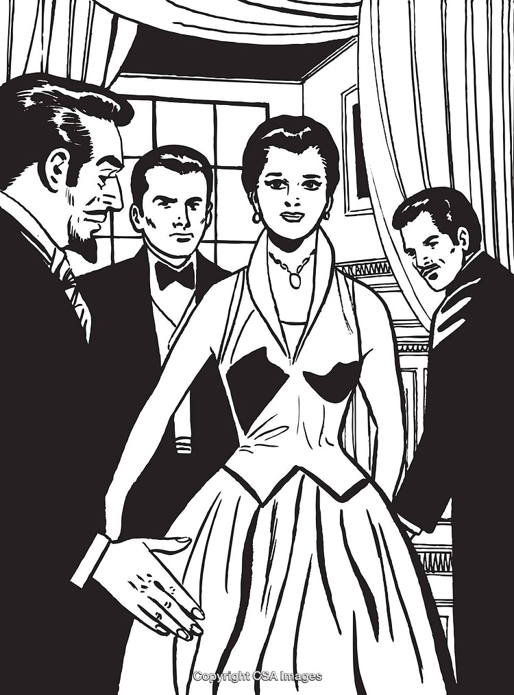 Classic Illustration of Elegant People in Formal Attire at a Social Event