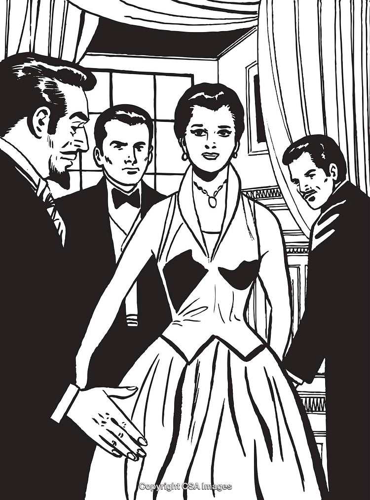 Classic Illustration of Elegant People in Formal Attire at a Social Event