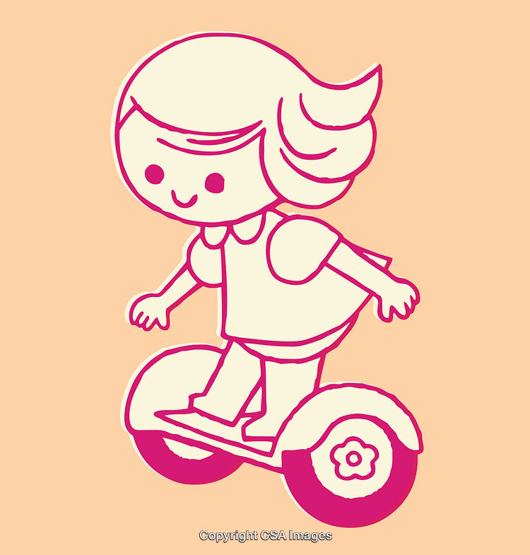 Playful Girl Riding a Hoverboard in Colorful Line Art Illustration