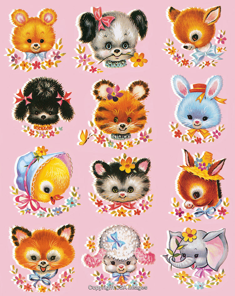 Adorable Collection of Cute Animal Illustrations with Floral Decorations on Pink Background