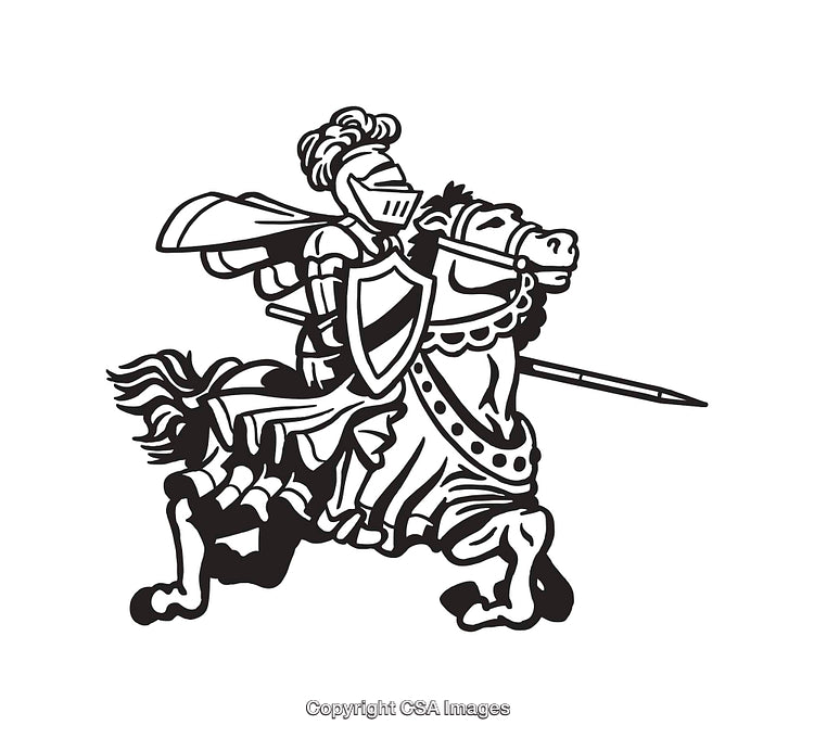 Medieval Knight on Horseback Holding Shield and Lance Black and White Artwork