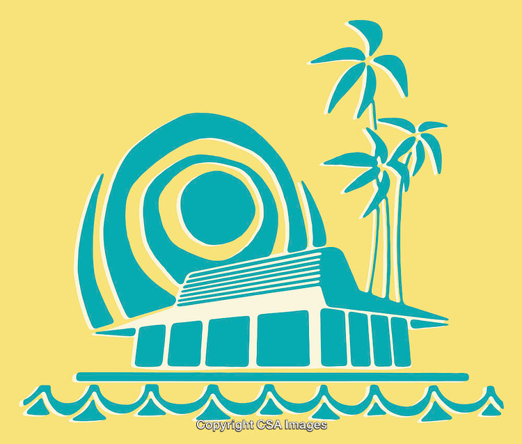 Tropical Landscape Illustration with Palm Trees and Coastal House