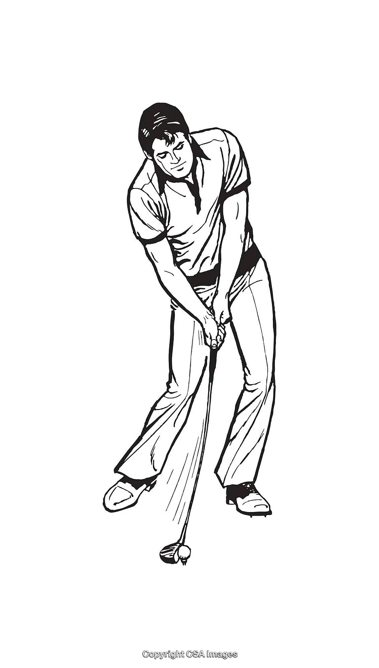 Black and White Line Art Illustration of a Male Golfer Swinging