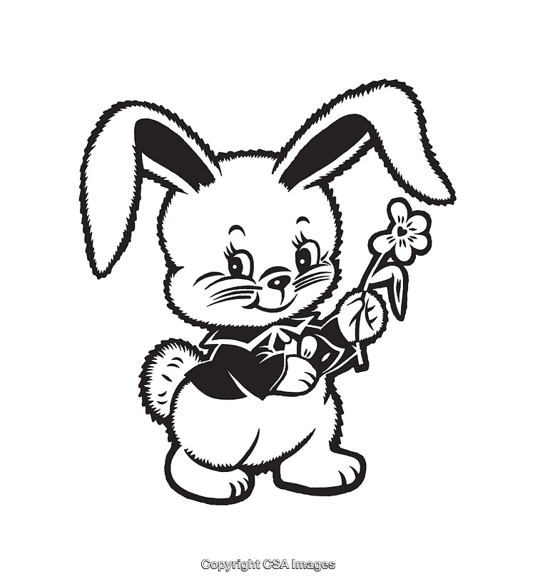 Cute Bunny Holding a Flower in Black and White Line Art