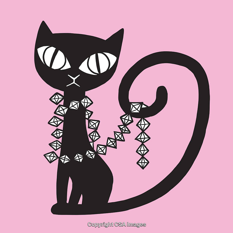 Stylish Black Cat Illustration With Diamond Necklace on Pink Background