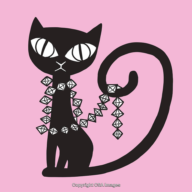 Stylish Black Cat Illustration With Diamond Necklace on Pink Background