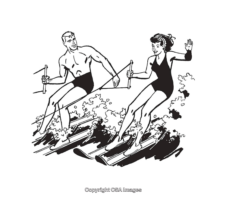 Vintage Illustration of Water Skiing Couple in Black and White