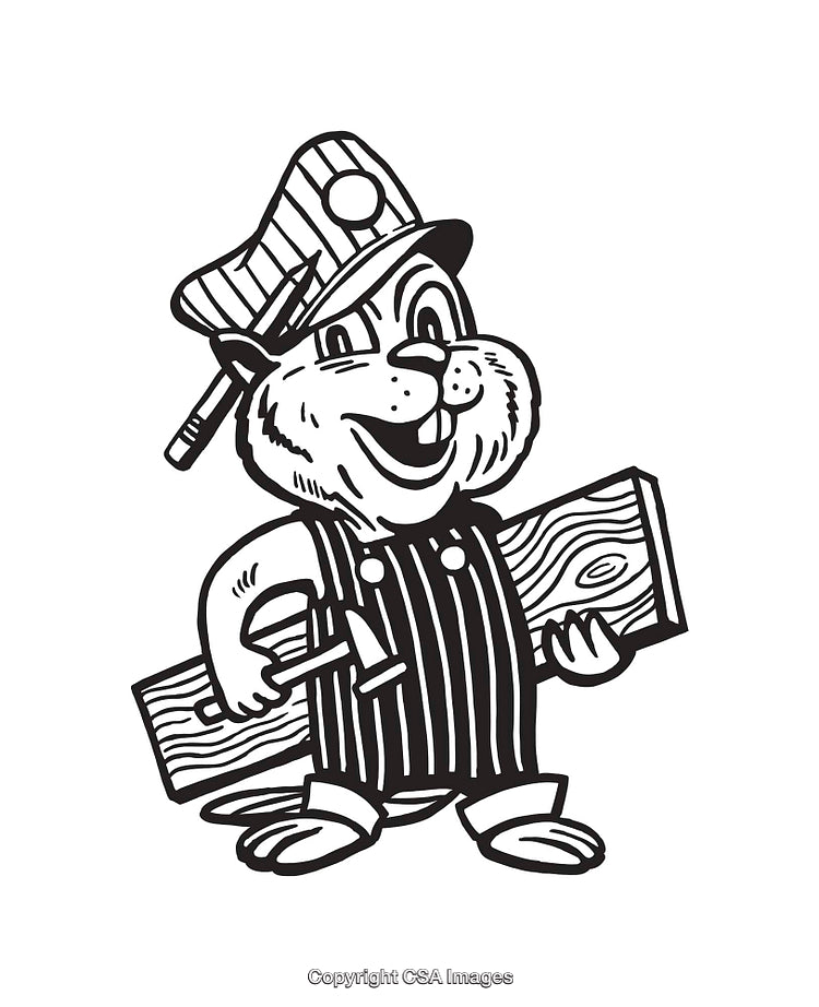 Cartoon Beaver Carpenter With Tool and Log in Line Art Style