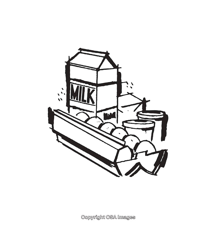 Hand-Drawn Line Art of Milk, Eggs, and Dairy Products