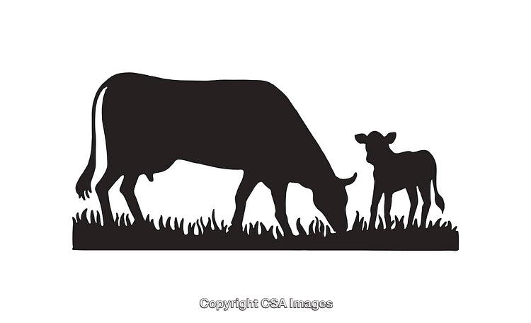Silhouette Illustration of a Cow and Calf Grazing in a Pasture