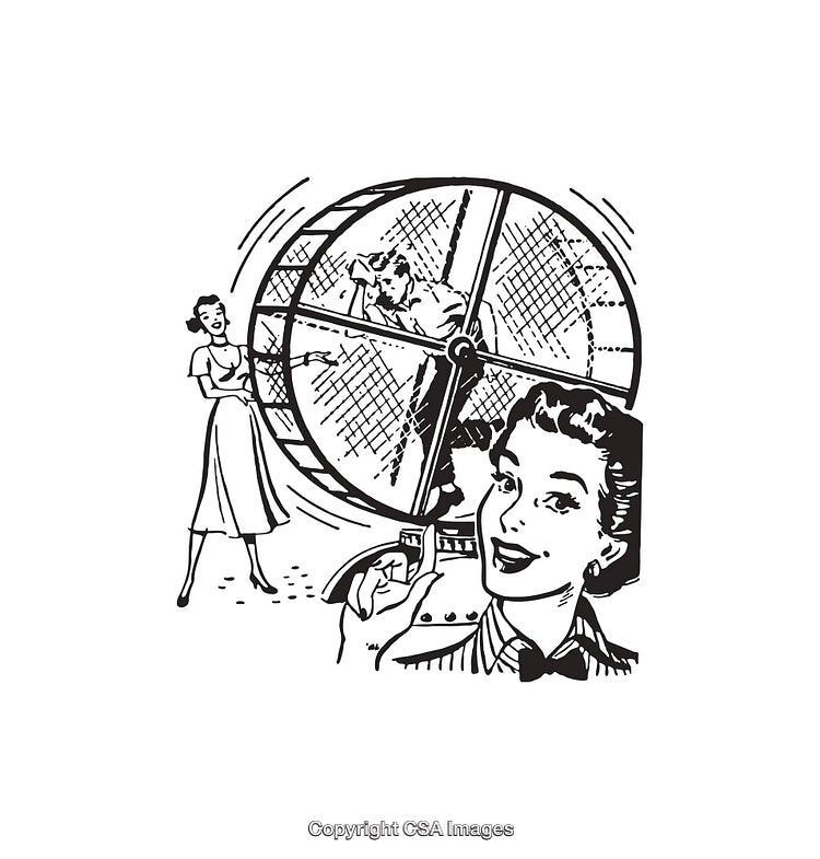 Retro Black and White Illustration of People and a Large Spinning Wheel