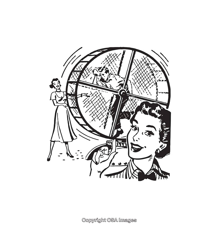 Retro Black and White Illustration of People and a Large Spinning Wheel
