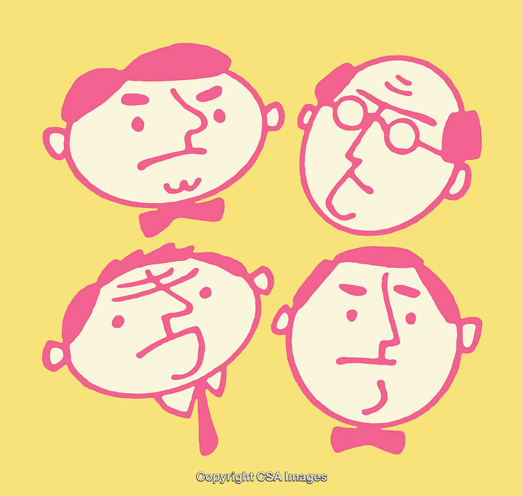 Colorful Line Art of Four Expressive Faces on Yellow Background
