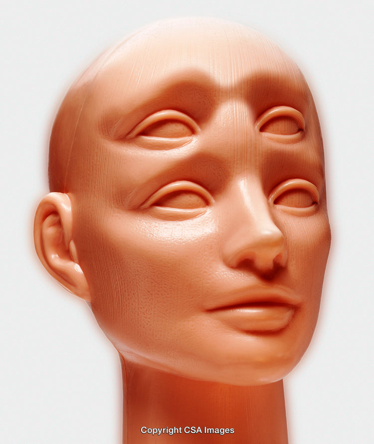 Close-Up of Sculpted Plastic Head with Abstract Artistic Design