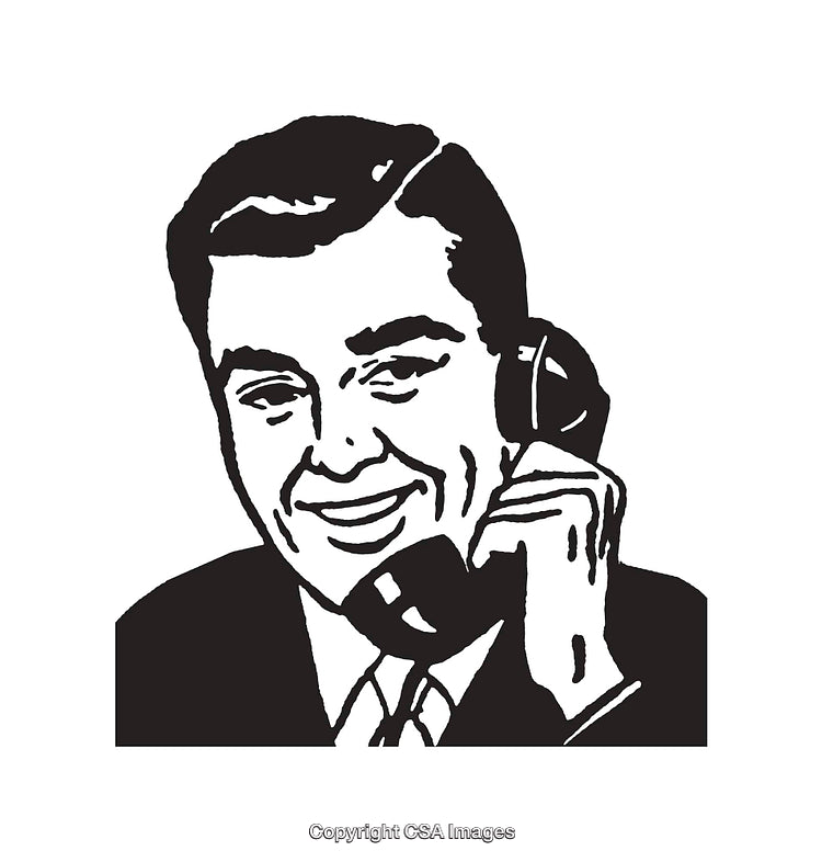 Retro Style Line Art Illustration of a Smiling Man on a Telephone
