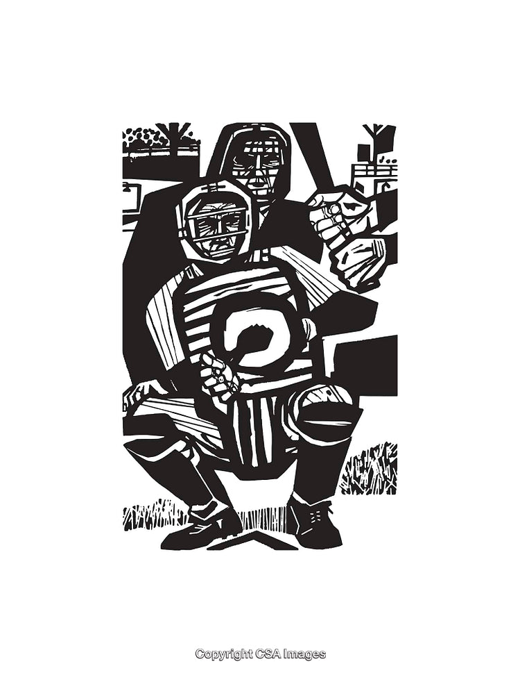 Black and White Line Art Illustration of Baseball Players During a Game